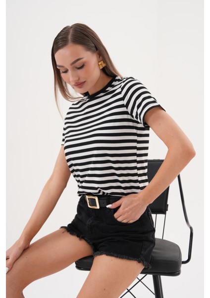 Kadın Çizgili T-Shirt Bisiklet Yaka Kısa Kollu Tişört Çizgili-Tişört modelleri