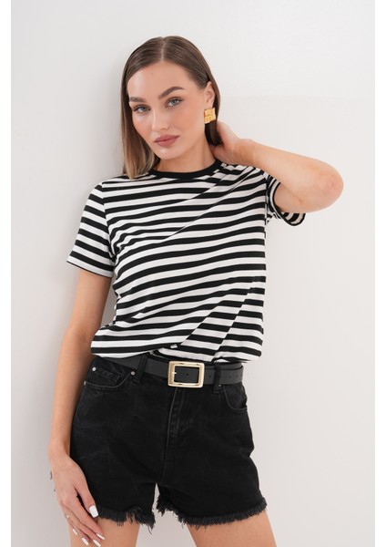 Kadın Çizgili T-Shirt Bisiklet Yaka Kısa Kollu Tişört Çizgili-Tişört fırsatları