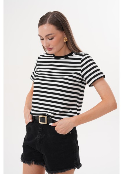 Kadın Çizgili T-Shirt Bisiklet Yaka Kısa Kollu Tişört Çizgili-Tişört indirimleri