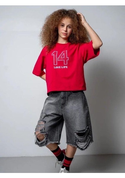 Kız Çocuk 14 Lıfe Yazılı Pamuklu Tshirt