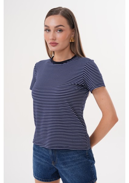 Kadın Çizgili T-Shirt Bisiklet Yaka Kısa Kollu Tişört Çizgili-Tişört fiyatları