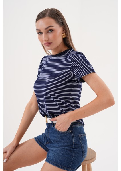 Kadın Çizgili T-Shirt Bisiklet Yaka Kısa Kollu Tişört Çizgili-Tişört modelleri