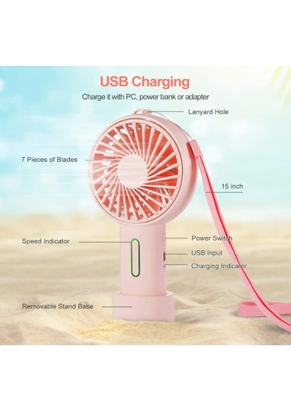 El Fanı, Mini El Fanı Kişisel Taşınabilir Fan 3 Hız Ayarlanabilir Açı Çıkarılabilir Taban Ipi USB Şarjlı Pembe (Yurt Dışından)