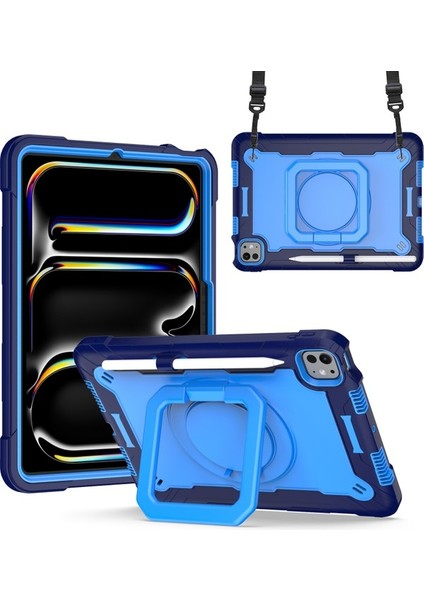 iPad Pro 11 2024 Döner Destek Standı Pc+Silikon Tablet Kılıfı ve Omuz Askısı (Yurt Dışından)