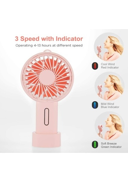 El Fanı, Mini El Fanı Kişisel Taşınabilir Fan 3 Hız Ayarlanabilir Açı Çıkarılabilir Taban Ipi USB Şarjlı Pembe (Yurt Dışından)