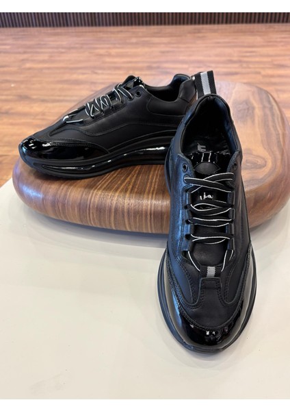 1094 Siyah Rugan - Siyah Taban Hakiki Deri Erkek Sneakers