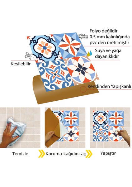 Kendinden Yapışkanlı Tezgah Arası Kaplama Meksika 010 Karma Desenli Pvc Karo 30X30 cm (33 Adet) 3m2