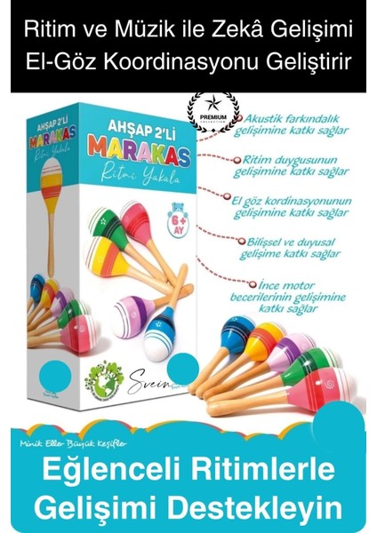Ahşap 2'li Marakas Seti Ritmi Yakala Müzik Aleti Çocuk Bebek Sesli Çın Çın Davul Çıngırak Vurmalı