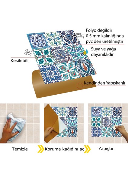 Kendinden Yapışkanlı Tezgah Arası Kaplama Çini 019 Karma Desenli Pvc Karo 30X30 cm (33 Adet) 3m2