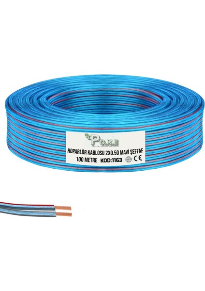 2x0.50 Hoparlör Kablosu Kordon Şeffaf Mavi 100MT Poke PK-1163 R24