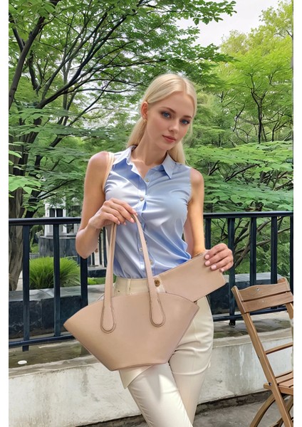 Kadın Şık Bej Suni Deri Shopper Çanta Günlük ve Iş Kullanımı Için Özenle Seçilmiş Mükemmel Uyum