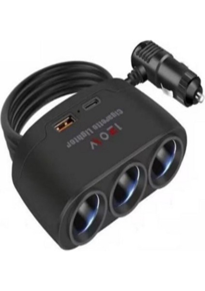Araç Çakmaklık Çoğaltıcı 3 Lü, USB + Type-C