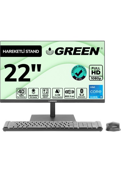 GX622 Intel I5 12400 8gb Ddr4 512GB M2 SSD 22" Fhd Freedos All In One Bilgisayar Klavye Mouse Set