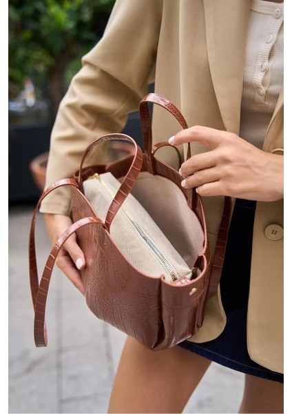 Kadın Geniş Fermuarlı Pu Deri Shopper Çanta El ve Omuz Askılı Günlük Premium Kalite Özel Tasarım