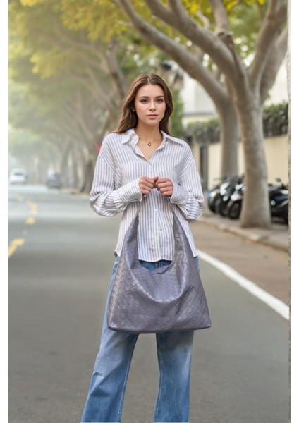 Kadın Şık Örgü Desenli Suni Deri Geniş Omuz Çantası Günlük Kullanım Özenle Seçilmiş Modern Stil