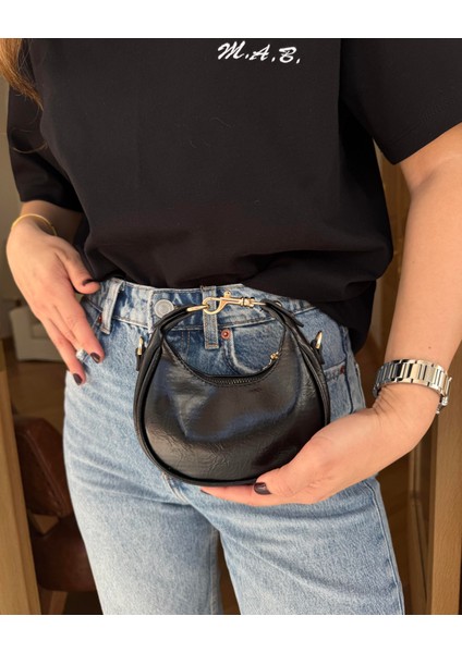 Oval Kesim Mini Çanta Siyah