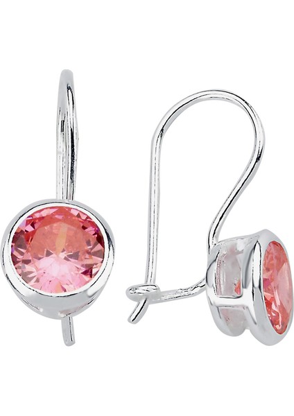 Yuvarlak Pembe Zirkon Taşlı Küpe