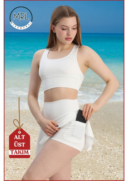 Kadın Alt-Üst Takım Şort & Crop Denizde Havuzda Sporda Casual / Günlük Kullanım Ekru TK3107 modelleri