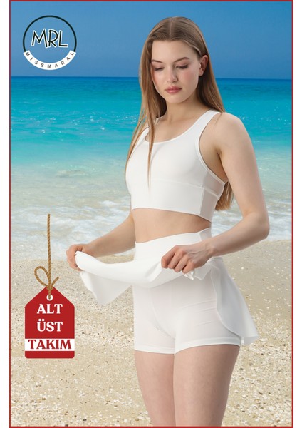 Kadın Alt-Üst Takım Şort & Crop Denizde Havuzda Sporda Casual / Günlük Kullanım Ekru TK3107