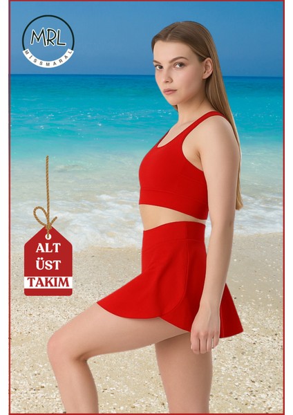 Kadın Kırmızı Alt-Üst Takım Şort & Crop Denizde Havuzda Sporda Casual / Günlük Kullanım TK3107 fırsatları