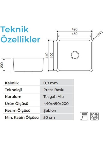 Lavello 3050 Mat Inox 40×45 Tezgah Altı Paslanmaz Çelik Mutfak Eviyesi fiyatları