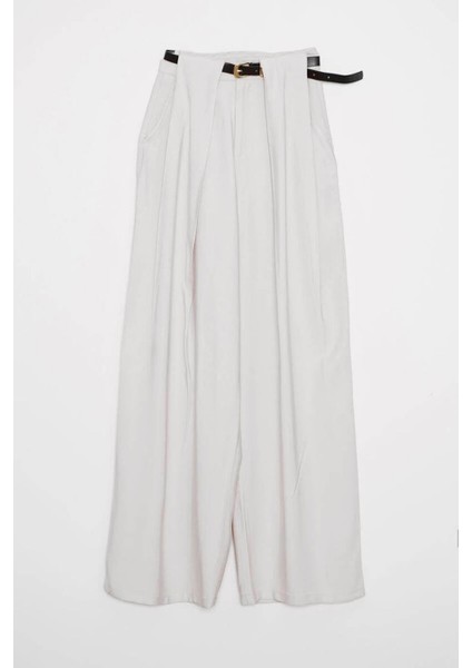 Kemerli Geniş Paça Krem Kadın Pantolon D83910-2Y5