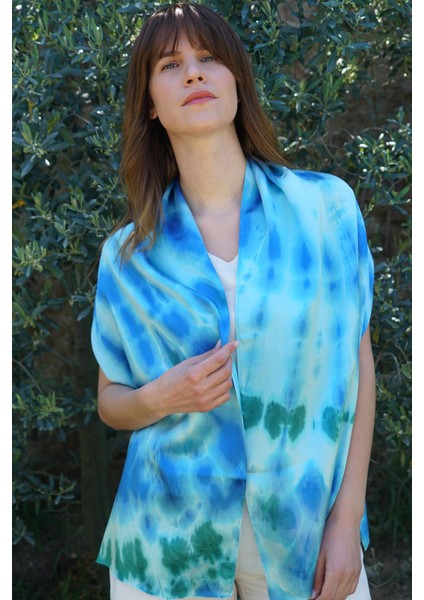 %100 Krep Ipek Batik Fular 40X160 cm - Mavi - Yeşil modelleri