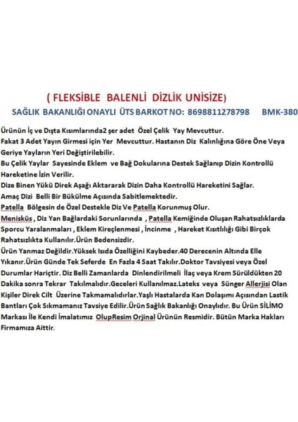Fleksible Balenli Dizlik, Menisküs Destekli Diz Bandı, Standart Beden, Yön: Standart indirimleri