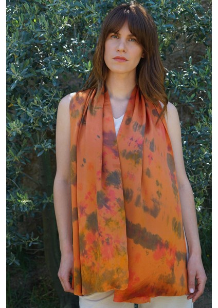 %100 Krep Ipek Batik Fular 40X160 cm - Turuncu - Yeşil