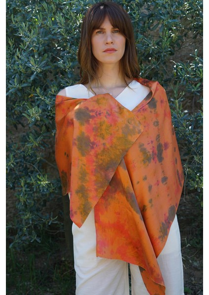 %100 Krep Ipek Batik Fular 40X160 cm - Turuncu - Yeşil fiyatları