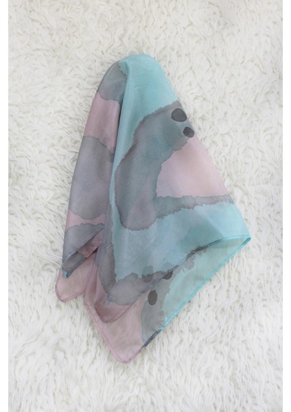 %100 Saf Ipek El Boyama Kare Fular - 55 x 55 Tasarım - Pembe-Mavi