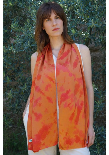 %100 Krep Ipek Batik Fular 40X160 cm - Turuncu - Kırmızı