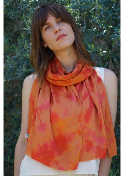 %100 Krep Ipek Batik Fular 40X160 cm - Turuncu - Kırmızı fiyatları