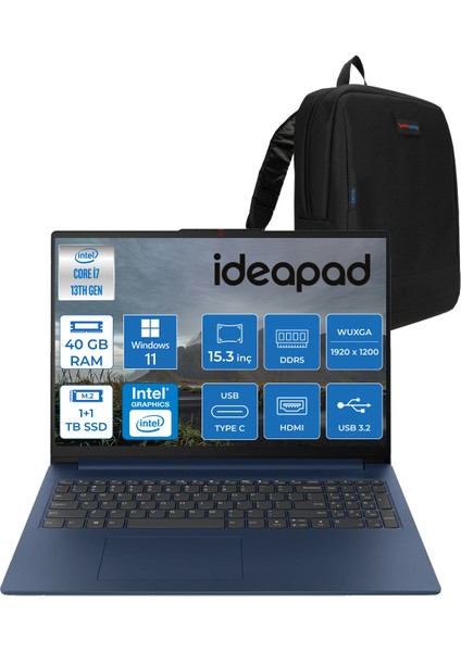 Ideapad Slim 3 15IRH10 Intel Core I7 13620H 40GB 1tb SSD + 1tb SSD Windows 11 Home 15.3" Wuxga (1920X1200) IPS 300NITS Taşınabilir Bilgisayar 83K10060TRH12 + Zetta Çanta