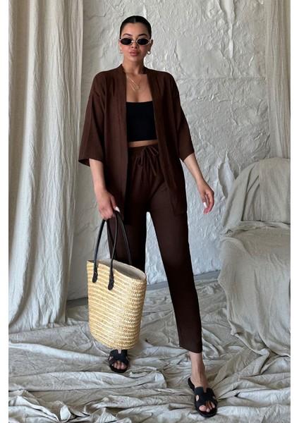Kadın Kahve Kimono Alt Üst Havuç Pantolon Takım