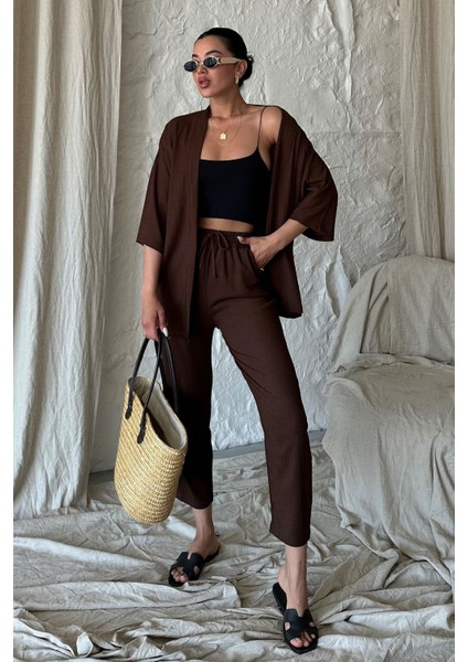 Kadın Kahve Kimono Alt Üst Havuç Pantolon Takım