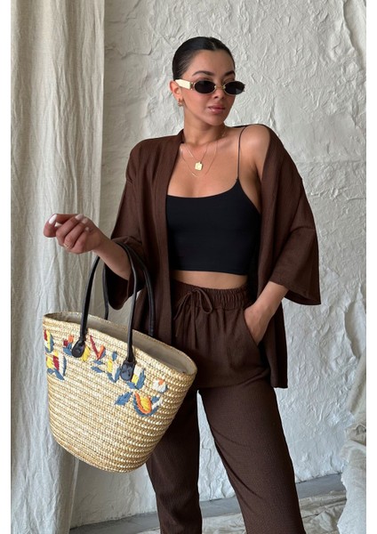 Kadın Kahve Kimono Alt Üst Havuç Pantolon Takım