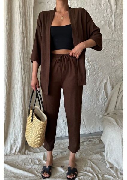 Kadın Kahve Kimono Alt Üst Havuç Pantolon Takım