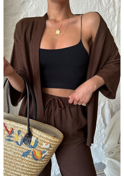 Kadın Kahve Kimono Alt Üst Havuç Pantolon Takım