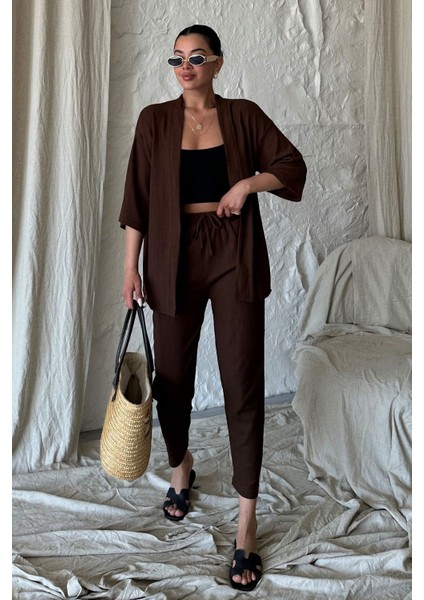 Kadın Kahve Kimono Alt Üst Havuç Pantolon Takım