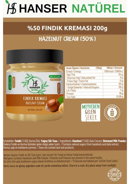 Natürel Fındık Kreması 200 gr