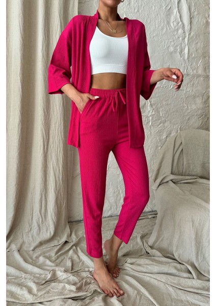 Kadın Fuşya Pembe Kimono Alt Üst Havuç Pantolon Takım