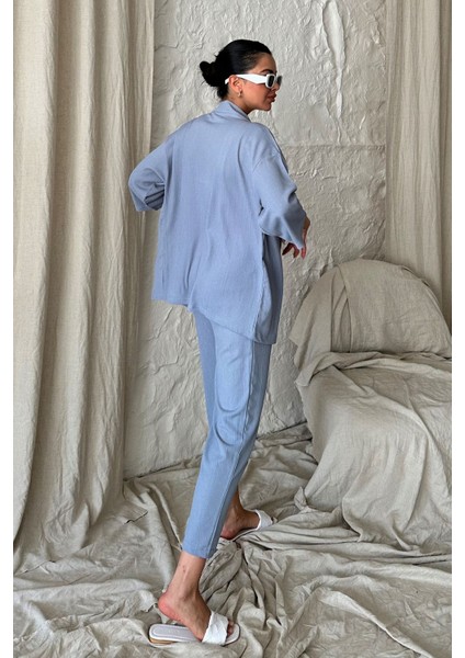 Kadın Gri Kimono Alt Üst Havuç Pantolon Takım
