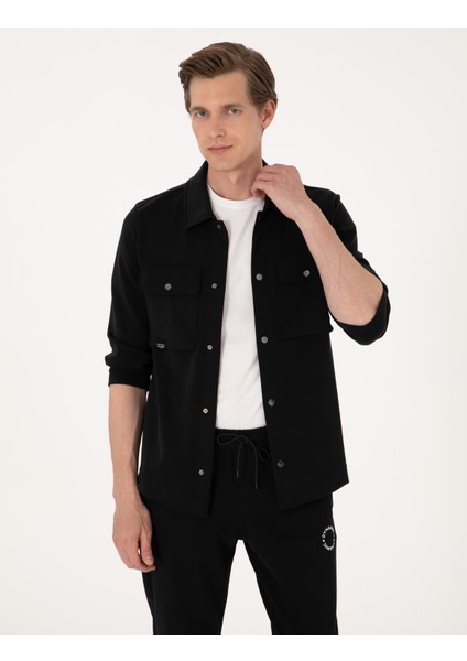 Erkek Siyah Regular Fit Örme Gömlek 50302573-VR046