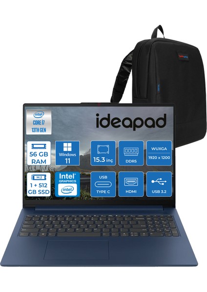 Ideapad Slim 3 15IRH10 Intel Core I7 13620H 56GB 1tb SSD + 512GB SSD Windows 11 Home 15.3" Wuxga (1920X1200) IPS 300NITS Taşınabilir Bilgisayar 83K10060TRH15 + Zetta Çanta