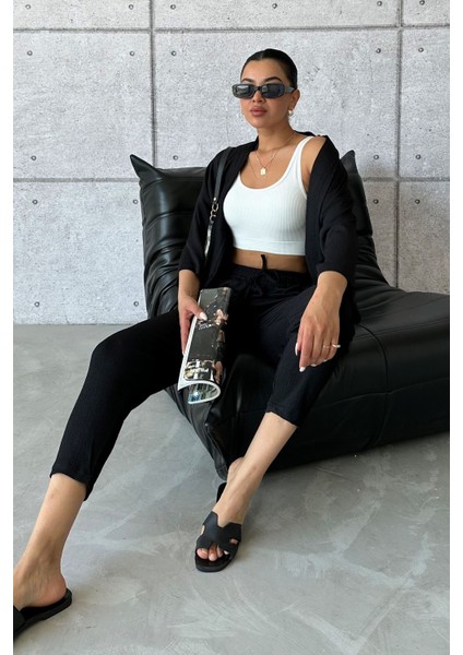 Kadın Siyah Kimono Alt Üst Havuç Pantolon Takım modelleri