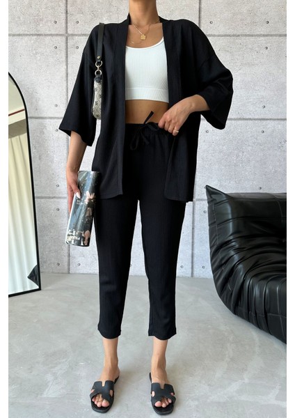 Kadın Siyah Kimono Alt Üst Havuç Pantolon Takım indirimleri
