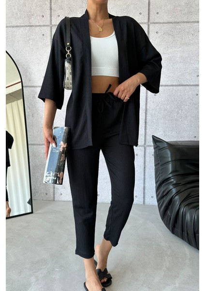 Kadın Siyah Kimono Alt Üst Havuç Pantolon Takım