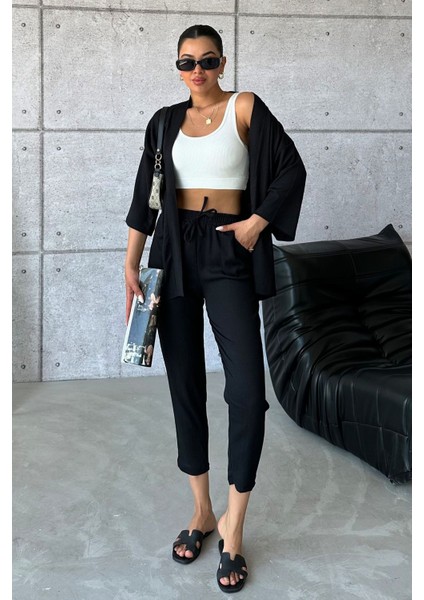 Kadın Siyah Kimono Alt Üst Havuç Pantolon Takım