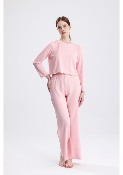 Kadın Fırfırlı Fitilli Dalgıç Kumaş Çizgili Uzun Kollu Pijama Takımı modelleri